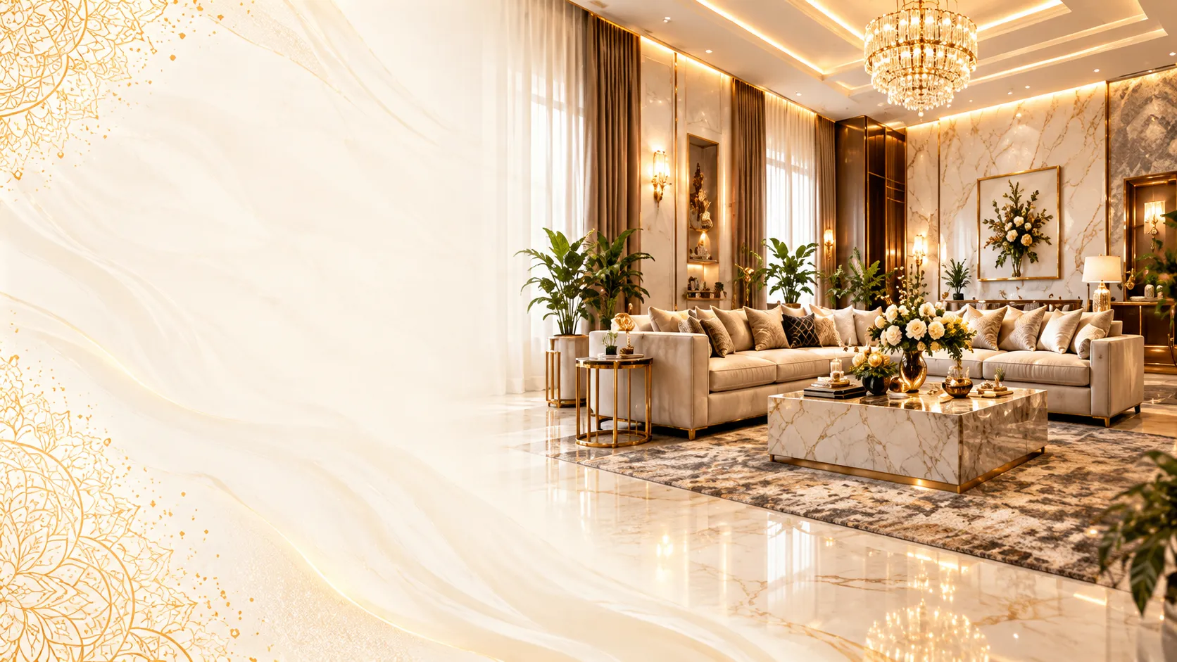 Elegant luxury living room featuring warm lighting, sophisticated decor and refined interiors