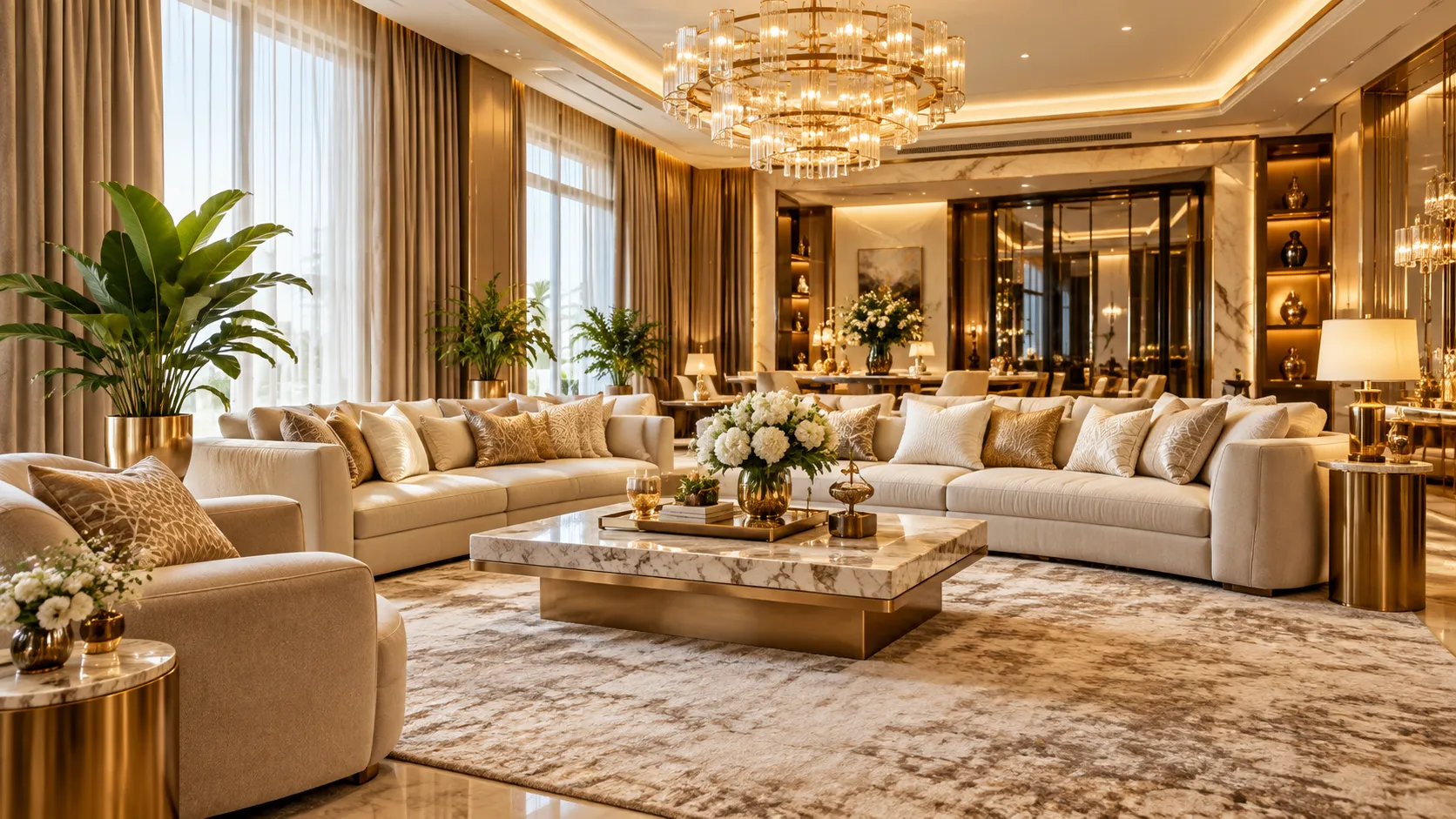 Luxury living room with rich warm finishes