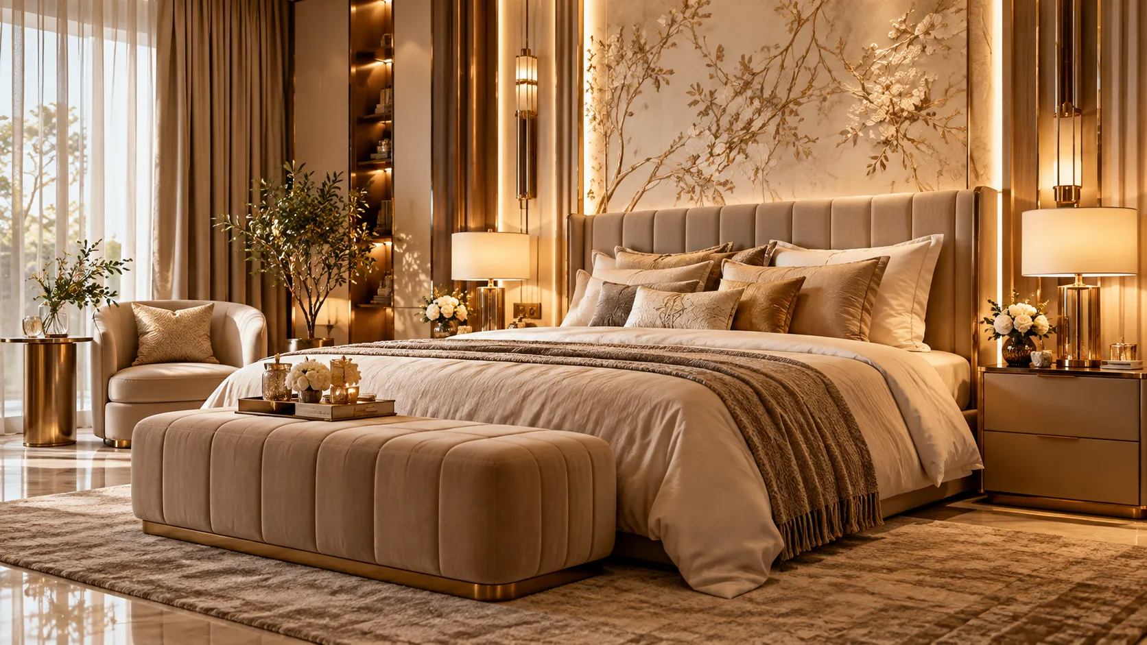 Elegant bedroom with layered neutral decor