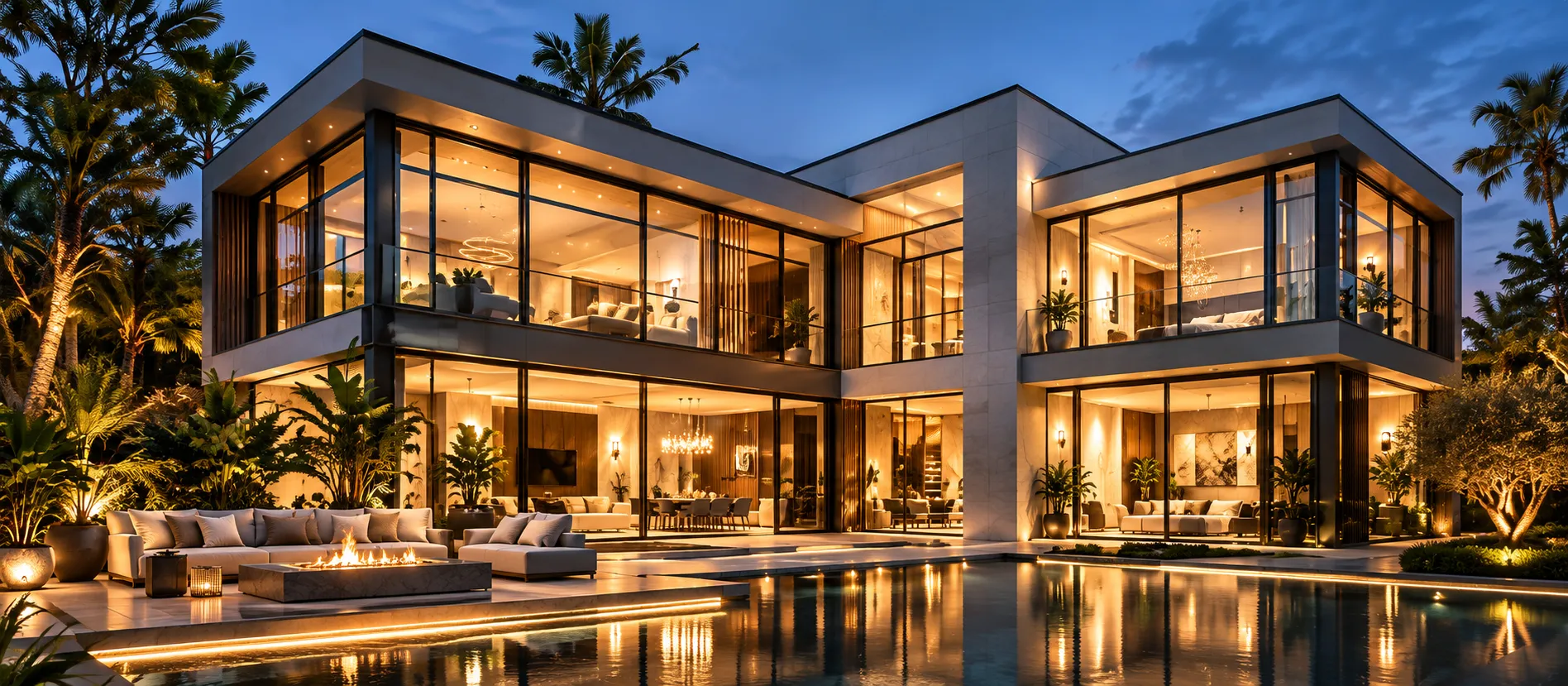 Contemporary architectural exterior at golden hour